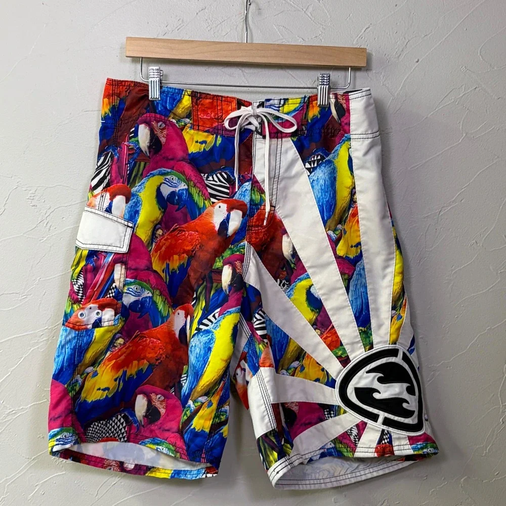Vintage Billabong Andy Irons Board Shorts Rising Sun Mens 33 AOP Parrot RARE